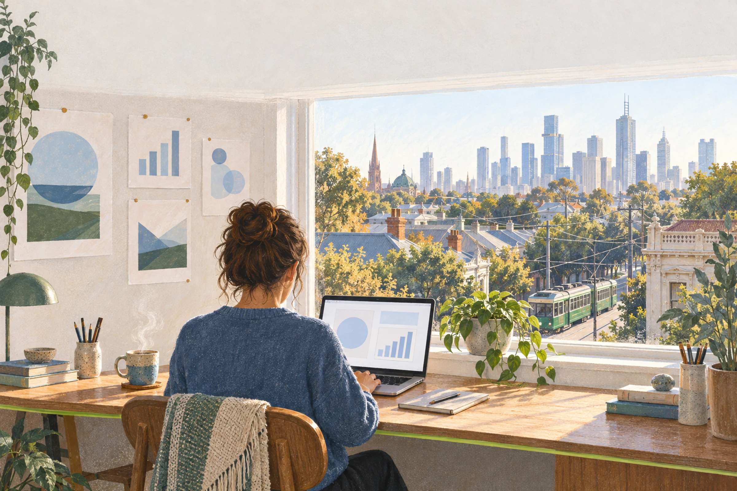 A painted Melbourne studio: someone at a desk by the window editing a slide on a laptop, with trams and the city outside.