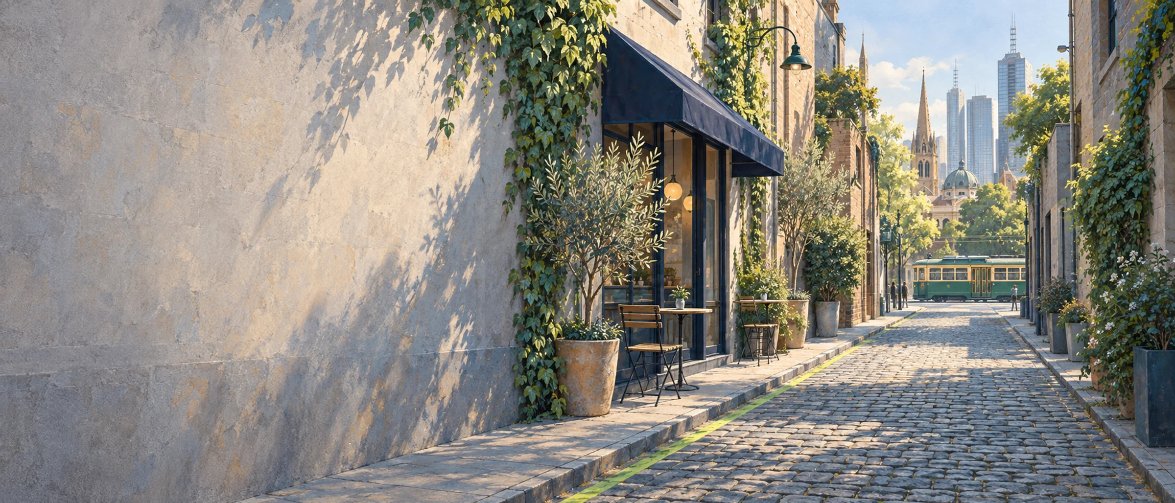 A painted Melbourne bluestone laneway on a bright morning: a cafe with a navy awning, a green tram at the end of the lane and the city towers beyond.