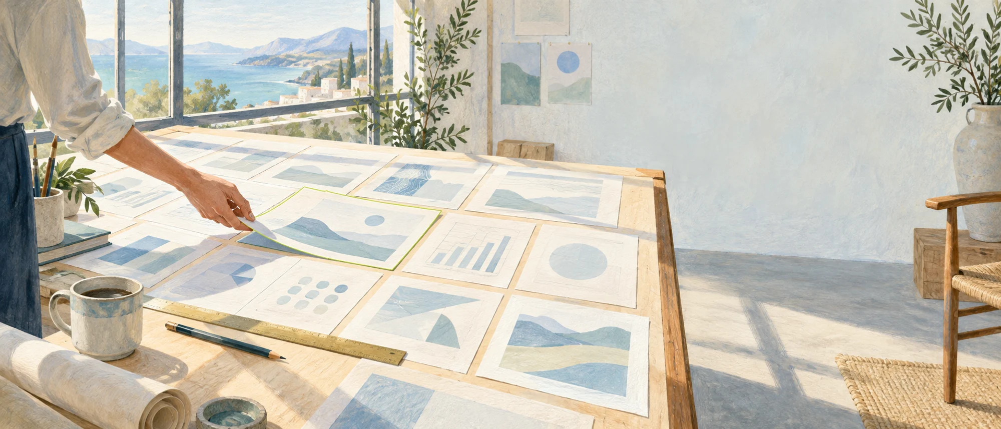 A painted drafting table covered in slides laid out like sheets of paper, with a hand sliding one into place.